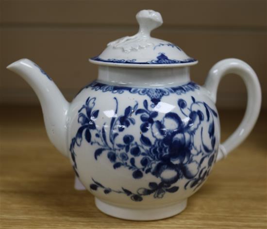 A Worcester Mansfield pattern globular teapot and cover, c.1765, height 13.5cm, tiny losses to bud finial